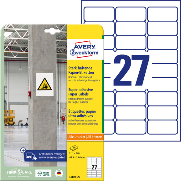 Etiketten ZWF 63,5x29,6mm, stark haftend, Art.-Nr. L7874-20 - Paterno B2B-Shop