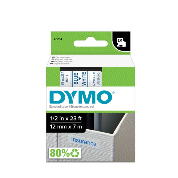 Beschriftungsband Dymo 12mmx7m blau weiss, Art.-Nr. 00450-BLWS - Paterno B2B-Shop