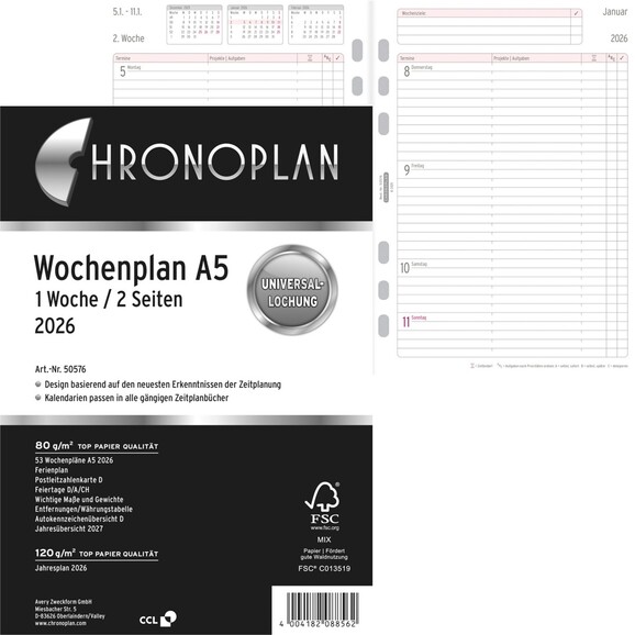 Kalendereinlage Chronoplan Wochenplan A5, Art.-Nr. 5057J - Paterno B2B-Shop Kalendereinlage Chronoplan Wochenplan A5, Art.-Nr. 5057J - Paterno B2B-Shop